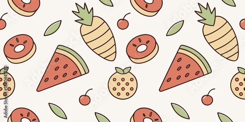 Seamless cute food illustration pattern for kitchen merchandise, playful flat vector style.svg