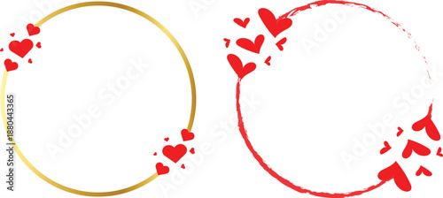 Valentines day vintage golden abstract circle frames with red heart on transparent background