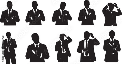 Black Solid Businessman Grooming Silhouettes Set of Six on White Background