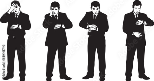 Black Solid Anxious Business Man Silhouettes Set of Six on White Background