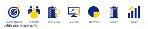 Market Research Solid Blue Yellow Color Icon Set For Web Banner. Vector Illustration Concept With Some Icons. Designed In Line Color Style