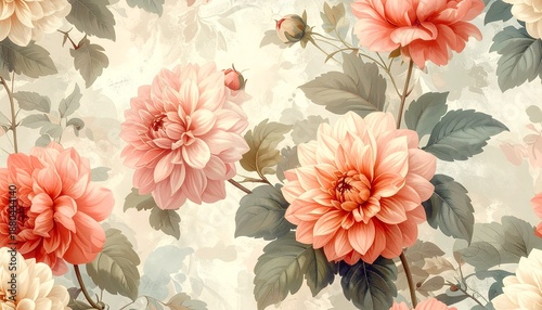 Pink Peony Flowers Blooming on Vintage Floral Wallpaper Background Close-Up