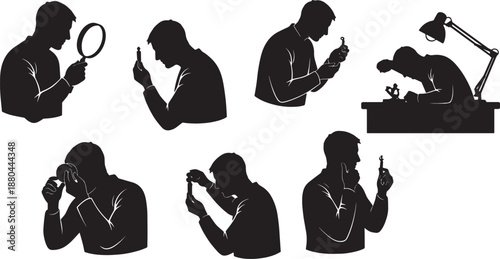 Black Solid Businessman Inspecting Silhouettes Set of Six on White Background
