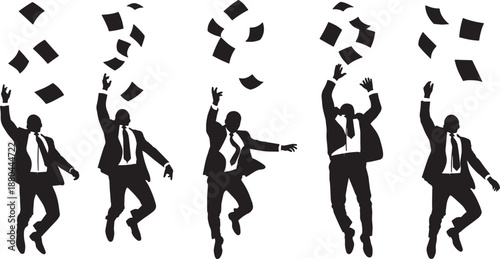 Black Solid Businessman Pushing Silhouettes Set of Six on White Background