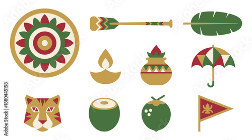 Flat style Onam vector icons set with Pulikali tiger mask pookalam flower and boat oar for Kerala harvest festival celebration decoration and greeting cards.