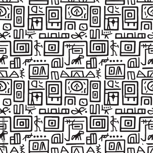 Seamless primitive inspired abstract pattern, black line art