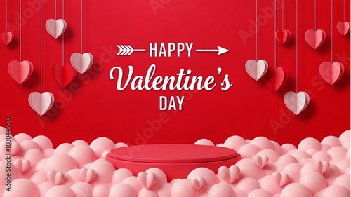 Happy Valentine's Day with Love Hearts Decoration and Red Podium for Love Confessions and Romantic Gifts