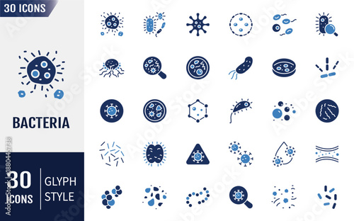 Bacteria icon set. Bacteria, Microbe, Virus, Colony of Bacteria, Petri Dish and more. Vector illustration