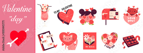 Set of cute Valentine's Day sticker icons. Includes hearts, romantic characters, love letters, chocolate box, and cats. Flat vector illustration for February 14 greeting cards and posters.