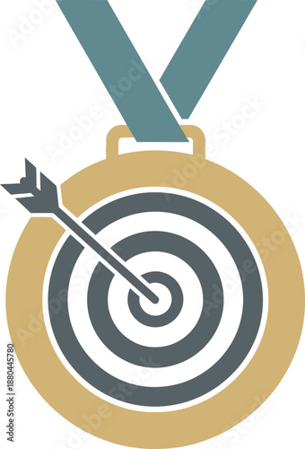 Gold medal vector featuring a bullseye target and arrow. Ideal for marketing goals, business achievements, and sporting excellence. High-quality flat design icon for precision and success.