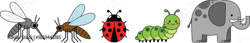 Cute cartoon insect and animal characters vector illustration set with mosquito, fly, ladybug, caterpillar, and elephant