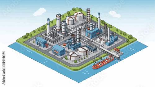 Industrial Oil Refinery Complex with Water and Ship.