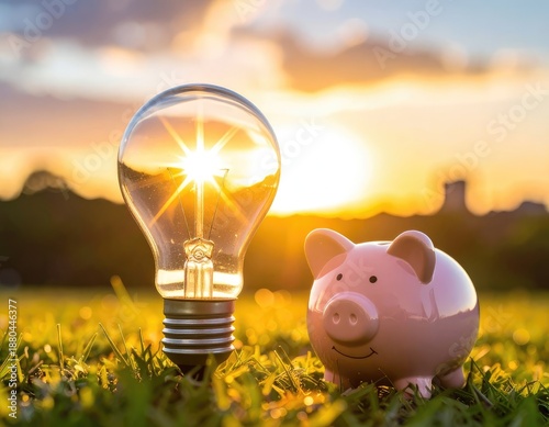 A lightbulb and a piggy bank sit in grass at sunset, symbolizing energy savings and financial planning.