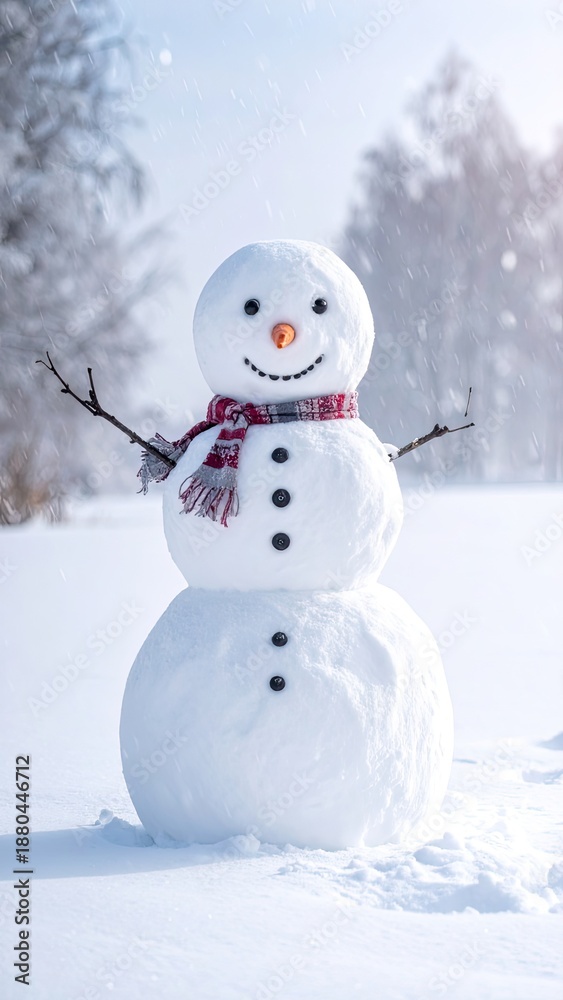 Obraz premium A cheerful, traditional snowman stands outdoors during a light snowfall.