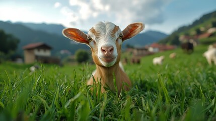 Playful goat grazing in lush green pasture mountainous region animal photography natural setting close-up viewpoint farm life concept for seo impact