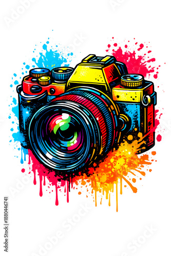 Colorful Retro Camera Illustration with Vibrant Paint Splashes and Artistic Photography Concept on Black Background