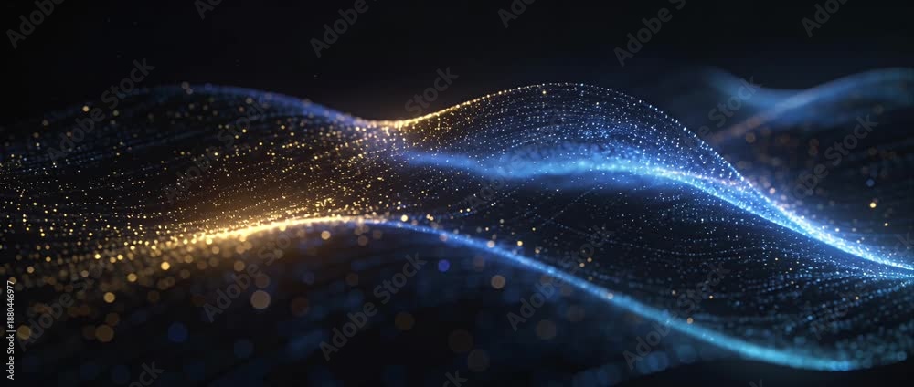 Abstract wave blue light golden light particle flow data stream digital ...