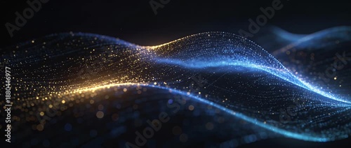 Abstract wave blue light golden light particle flow data stream digital wave smooth motion technology background futuristic line glowing curve with blue wave golden wave data flow light trail digital