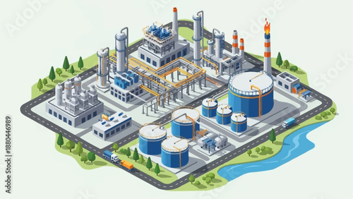 Industrial Chemical Plant with Storage Tanks and Pipelines.