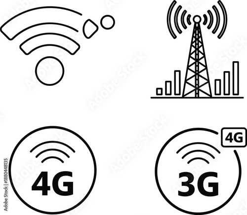 Wireless communication technology icons set featuring WiFi signal, cellular network tower, 3G and 4G mobile internet symbols
