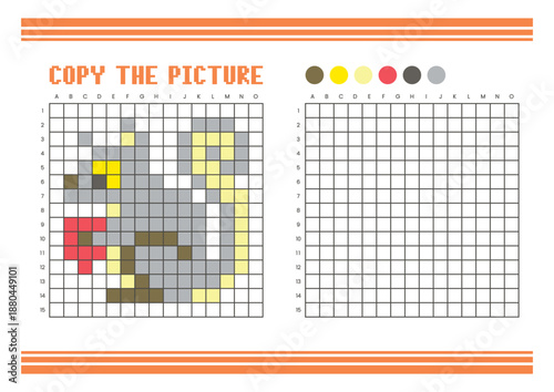 Copy the picture grid drawing worksheet for kids. Pixel art squirrel