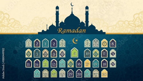 Ramadan advent calendar with Islamic mosque silhouette and numbered days traditional cultural design for religious celebration isolated on patte
