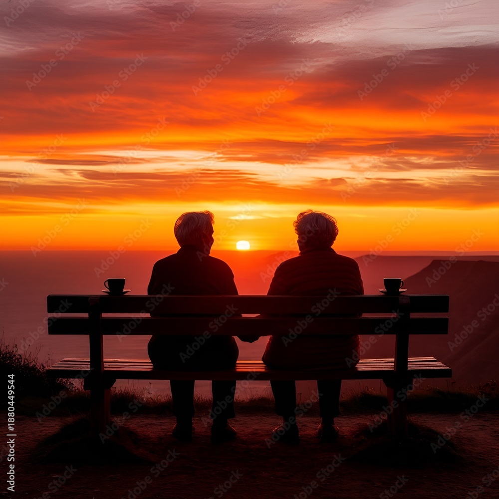 Obraz premium Elderly couple holding hands while sitting on a bench at sunset 