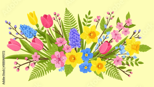 Spring Flower Arrangement with Tulips Daffodils Hyacinths and Ferns.