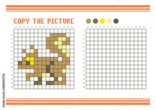 Copy the picture grid drawing worksheet for kids. Pixel art squirrel
