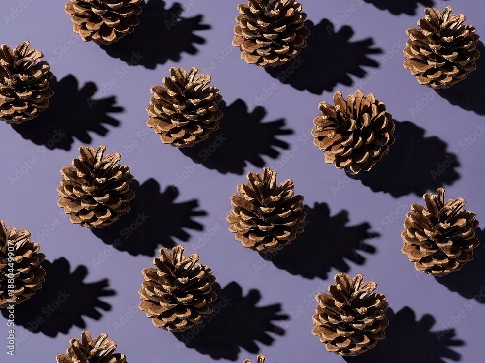Fototapeta premium Pine Cones Pattern on Purple Background, Shadows, Autumnal, Nature, Decorative, Minimal