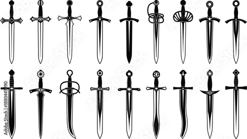 Set of Medieval Dagger and Sword Silhouettes Featuring Various Blade Shapes and Hilt Designs for Gaming Assets Tattoo Patterns Historical Illustrations and Weapon Icons