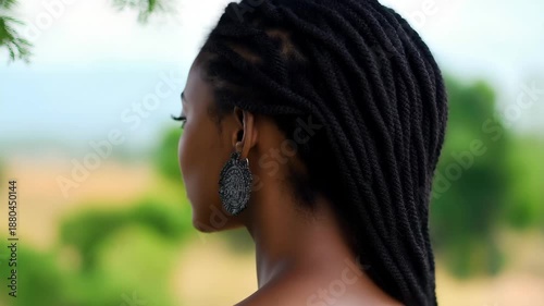 Natural portrait of a woman with locs wearing vibrant traditional attire outdoors