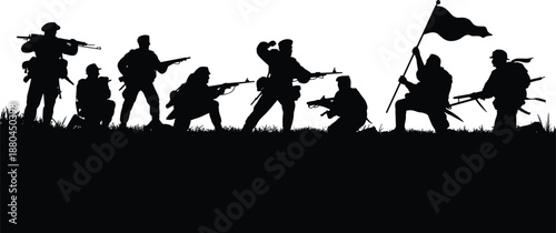 war, soldiers, silhouettes, battlefield, military, combat, armed, forces, attack, defense, victory, flag, army, action, black, figures, isolated, white, background, illustration