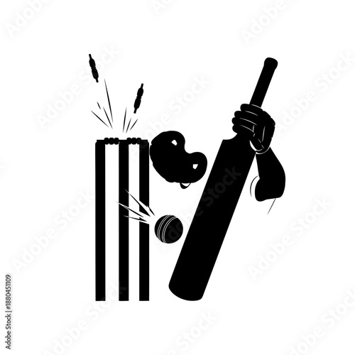 cricket bat and ball hitting wicket with broken stumps and helmet