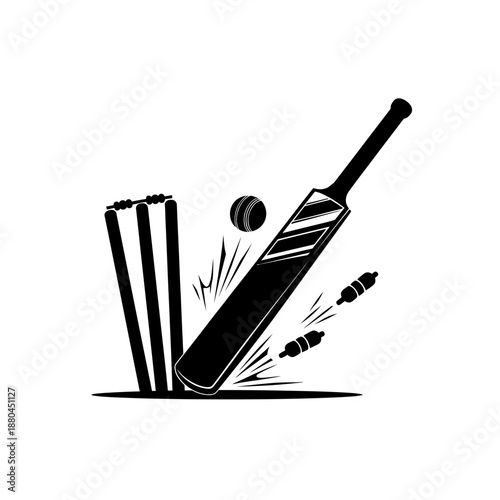 cricket bat and ball hitting stumps with bails flying off