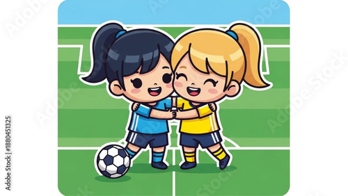Cute girls soccer players hugging on field