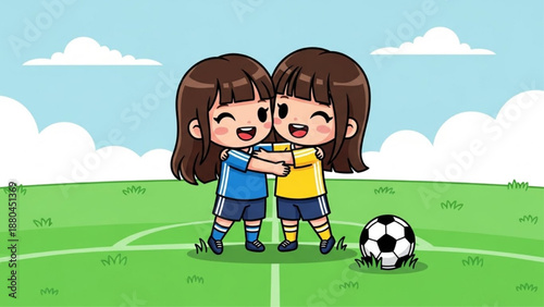Cute girls soccer players hugging on field