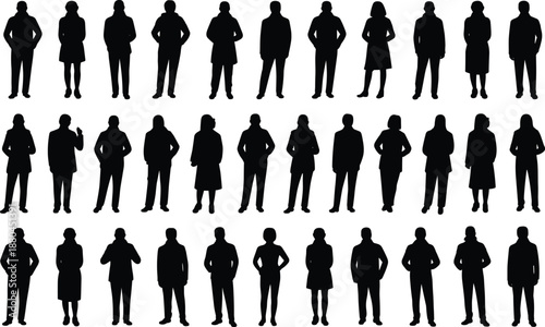 People silhouettes set, standing men and women collection, human figures poses, black business casual vector illustration isolated on white background