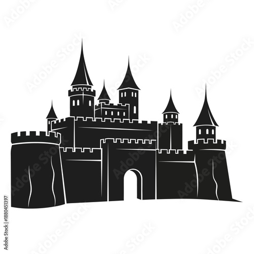 A detailed black and white illustration of a majestic medieval castle with towers