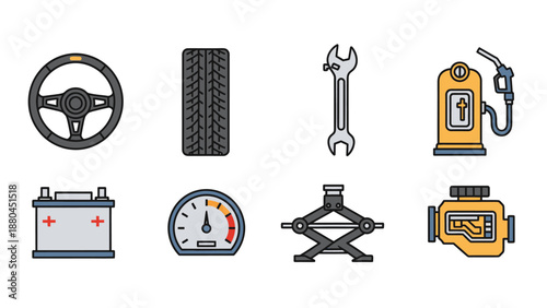Comprehensive Set of Automotive and Car Maintenance Icons Featuring Steering Wheel, Tire, Wrench, Gas Pump, Battery, Speedometer, Jack, and Engine for Your Design.
