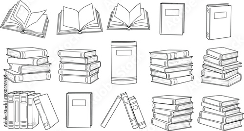 Vector sketch collection of hand drawn books set including open and closed book stacks isolated on white background for library education school design.