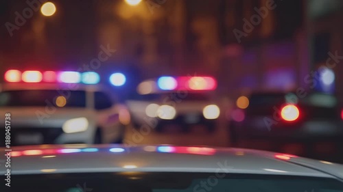 Nighttime urban scene featuring police car emergency lights in a bokeh effect.