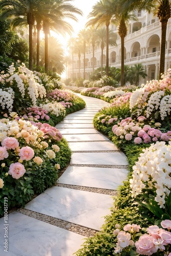 Wallpaper Mural Romantic Flower Garden Pathway Decorated with Blooming Roses in Golden Evening Sunlight Torontodigital.ca