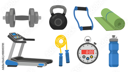 Flat Vector Illustration Set of Essential Fitness and Gym Equipment Icons Including a Treadmill, Kettlebell, Dumbbell, Yoga Mat, Jump Rope, and Stopwatch Tool.