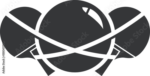 Professional black table tennis vector icon featuring crossed paddles and a central ping pong ball. Ideal for tournament branding, sports club logos, and recreational game graphics. flat design.
