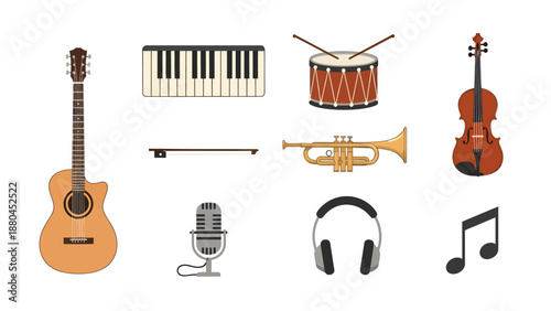 Comprehensive Flat Vector Illustration Set of Musical Instruments Featuring Acoustic Guitar Piano Keys Drum Violin Trumpet Vintage Microphone and Headphones.