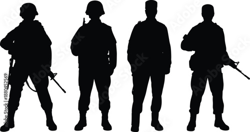 Military soldier silhouettes with weapons standing in formation, black armed forces illustration isolated on white background vector design