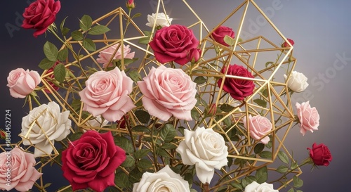 Elegant Rose Arrangement: A captivating bouquet of exquisite roses, showcasing a spectrum of colors, elegantly arranged amidst a striking geometric gold structure.