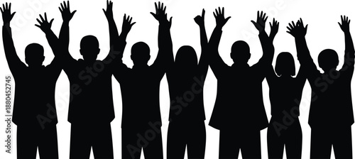 Cheering crowd silhouette with raised hands, group of people celebrating success, teamwork and unity concept, black vector illustration isolated on white background