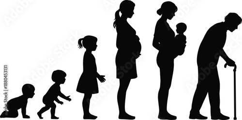 Human life cycle silhouette vector illustration, growth stages from baby to elderly woman, motherhood and aging concept isolated on white background